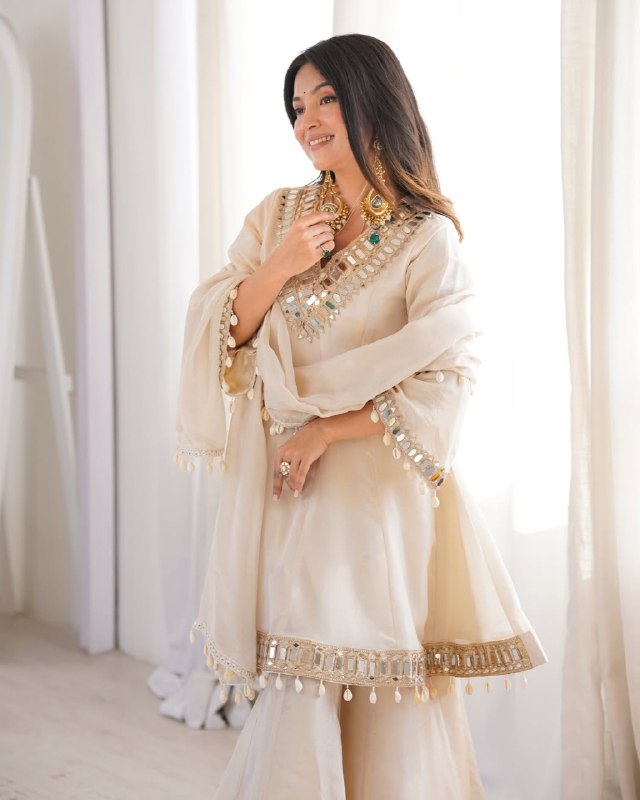 Ready To Wear Beige Chinon Silk Embroidery Gharara Frock With Dupatta