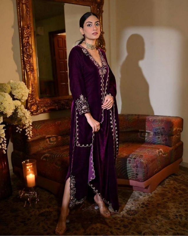 Ready To Wear Purple Micro Velvet Embroidery Work Pakistani Pant Suit With Dupatta