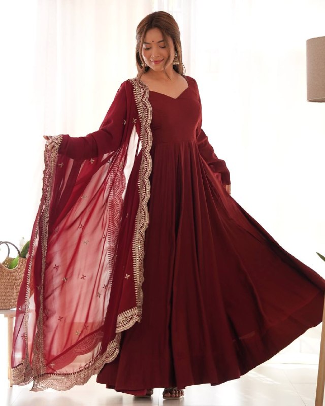 Exclusive Maroon Chanderi Roman Silk Embroidery Anarkali Suit With Dupatta