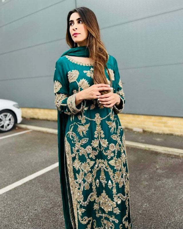 Ready To Wear Rama Green Pure Georgette Embroidery Work Pakistani Suit With Dupatta