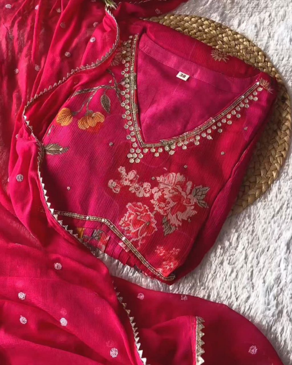 Ready To Wear Cherry Red Chinon Silk Embroidery Work Alia Cut Suit With Dupatta