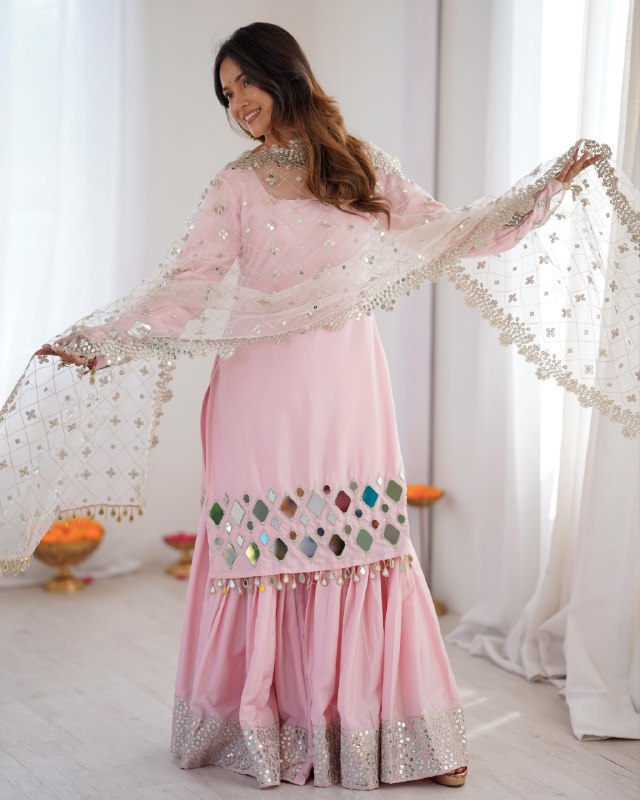Ready To Wear Pink Premium French Silk Embroidery Sharara Kurti With Dupatta