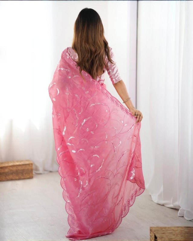 Premium Pink And Sky Premium Gold Crush Embroidery Saree With Blouse