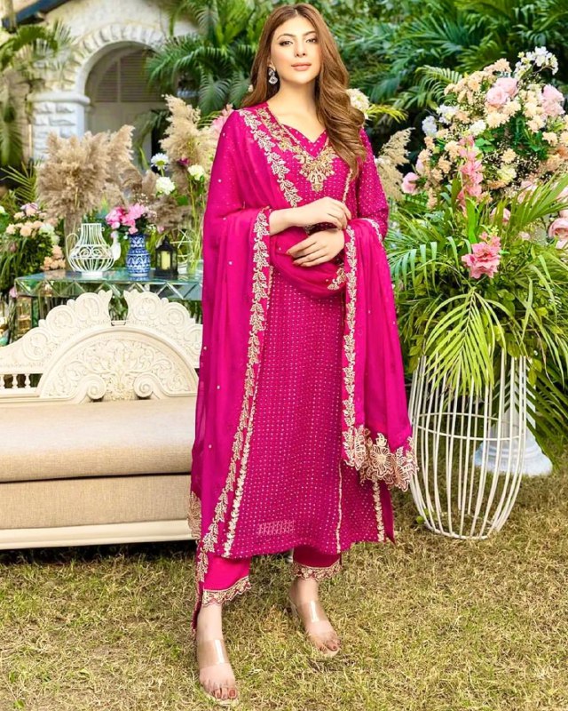 Ready To Wear Hot Pink Faux Georgette Embroidery Work Pakistani Suit With Dupatta