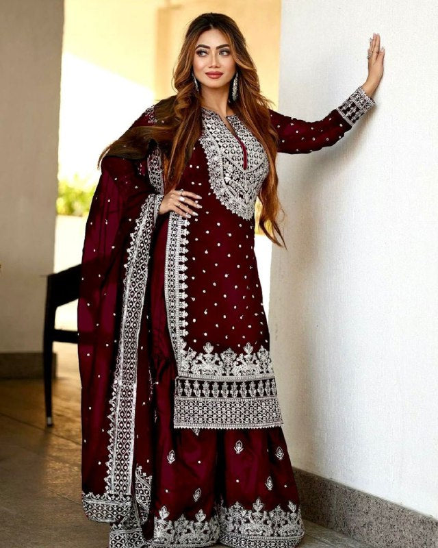 Ready To Wear Maroon Organza Silk Embroidery Work Pakistani Suit With Dupatta