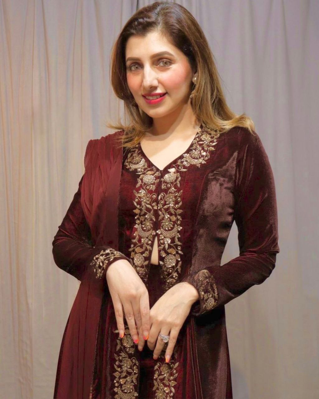 Ready To Wear Maroon Micro Velvet Sequence Work Pant Suit With Dupatta