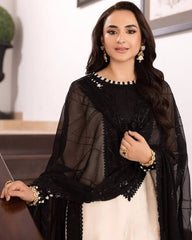 Ready To Wear White-Black Georgette Silk Sequence Work Pakistani Suit With Dupatta