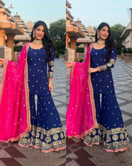 Ready To Wear Faux Georgette Embroidery Work Blue Sharara Suit With Pink Dupatta