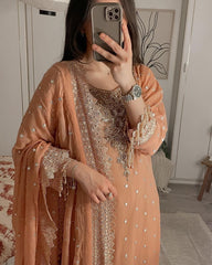 Ready To Wear Salmon Peach Pure Georgette Embroidery Work Pakistani Suit With Dupatta