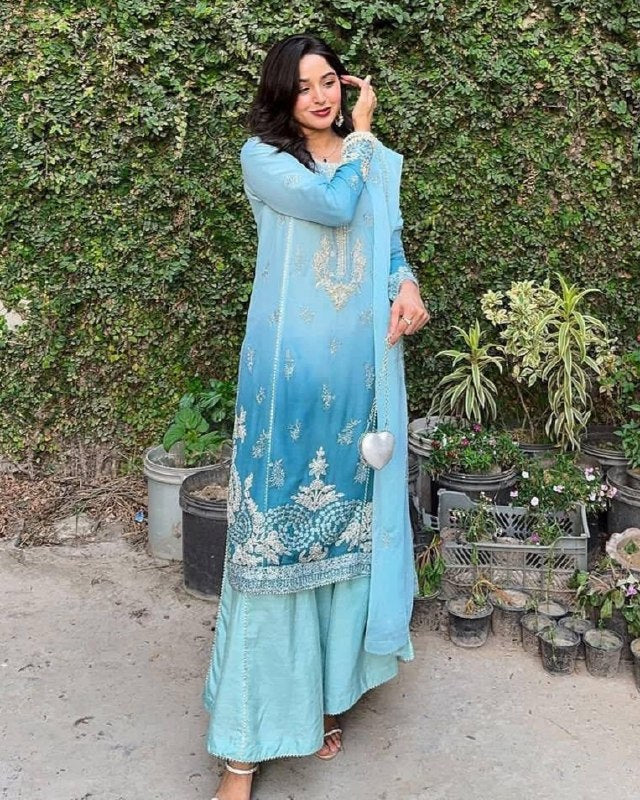 Ready To Wear Sky Blue Chinon Silk Embroidery Kurti Palazo With Dupatta