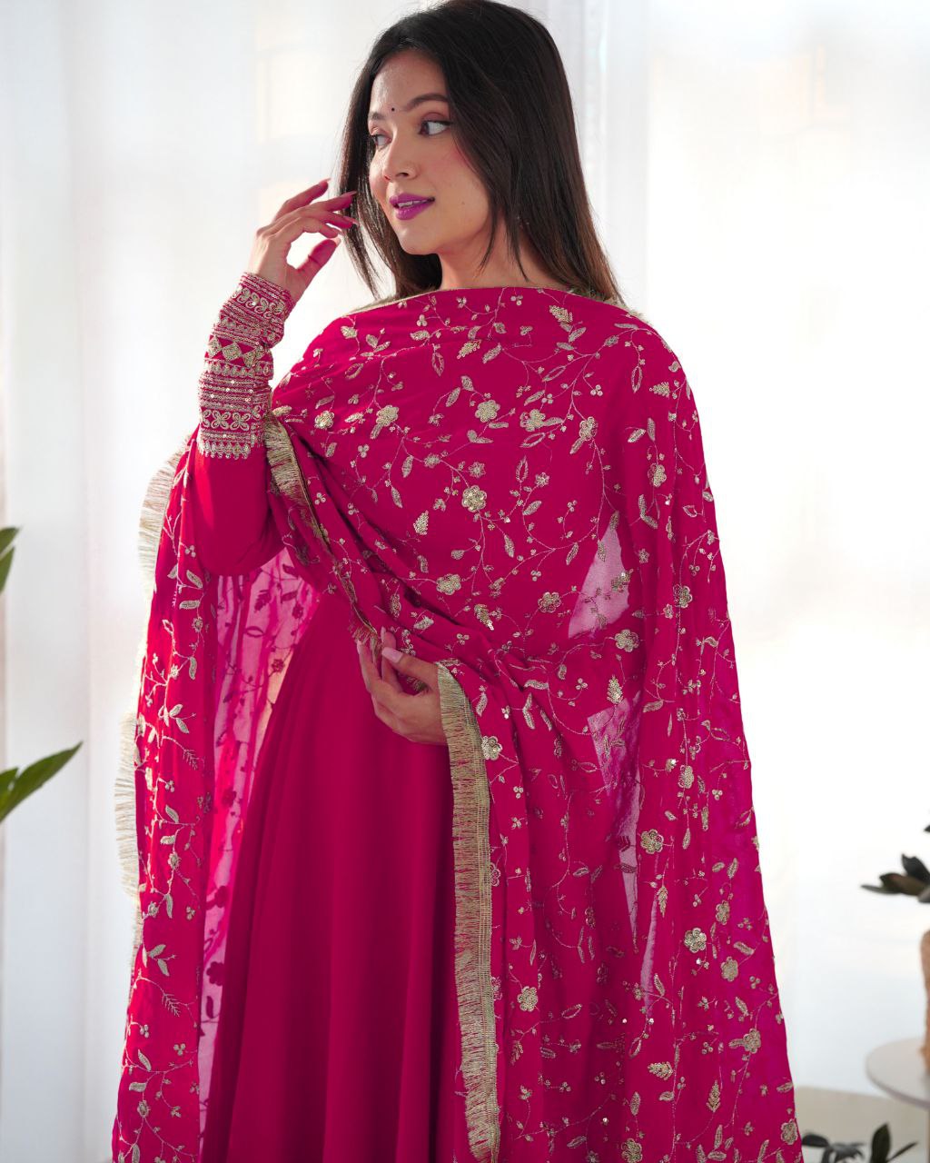 Ready To Wear Hot Pink Faux Georgette Sequence Work Anarkali Gown With Dupatta