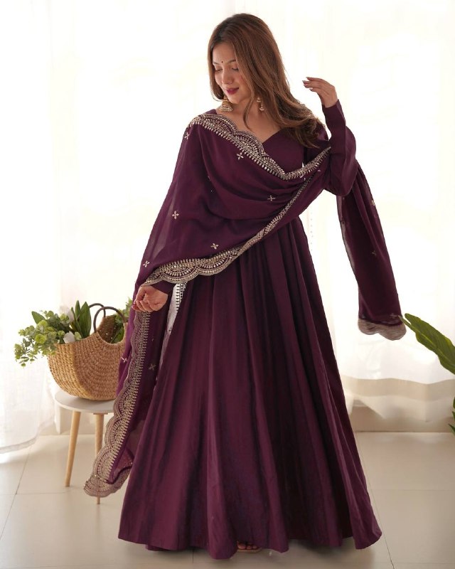 Exclusive Wine Chanderi Roman Silk Embroidery Anarkali Suit With Dupatta