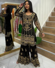 Ready To Wear Black Faux Georgette Embroidery Work Gharara Suit With Dupatta