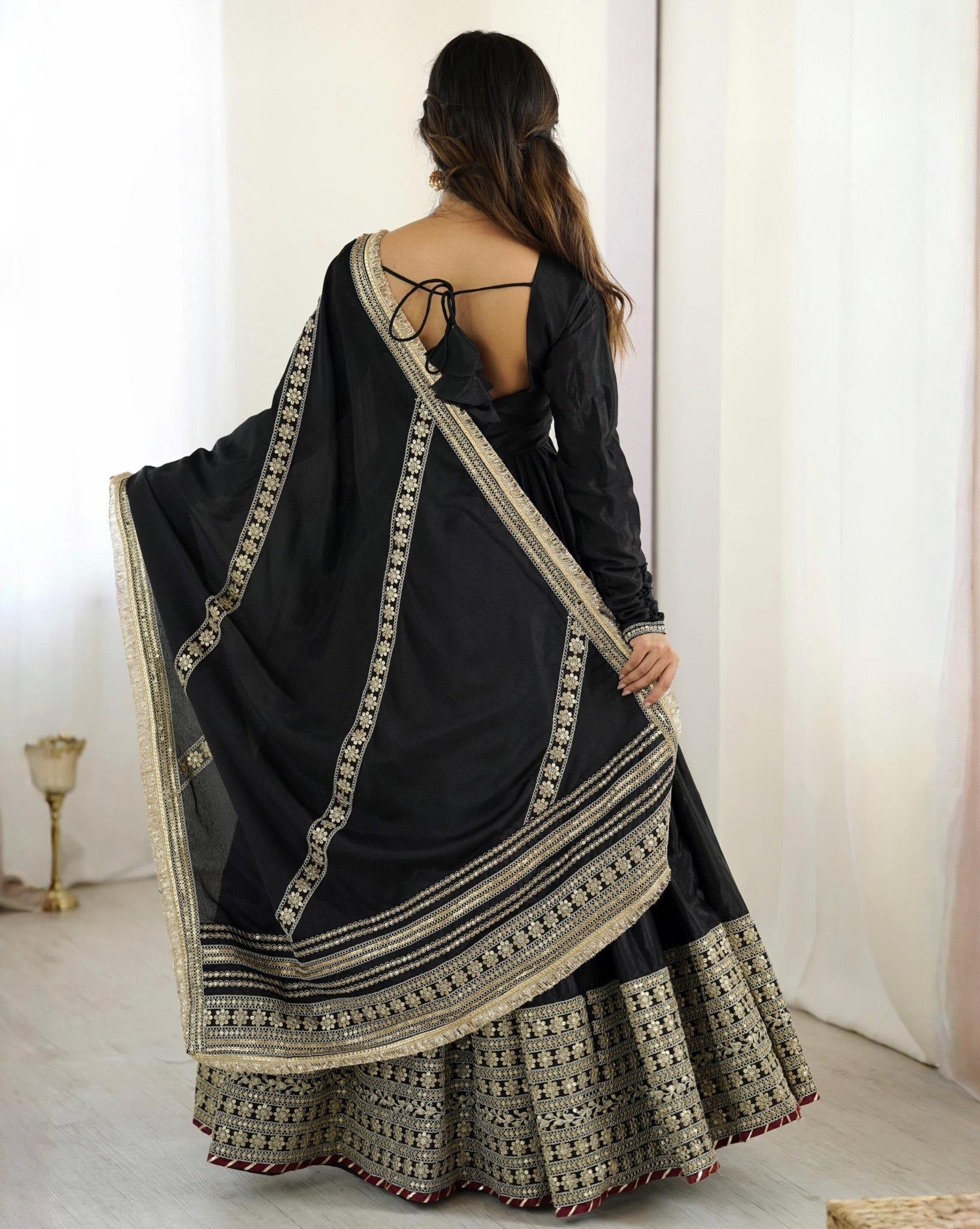 Premium Black Grey Chinon Silk Embroidery Anarkali Suit With Dupatta