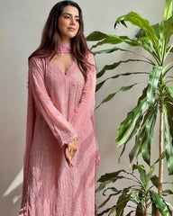 Ready To Wear Pink Faux Georgette Embroidery Work Pakistani Suit With Dupatta