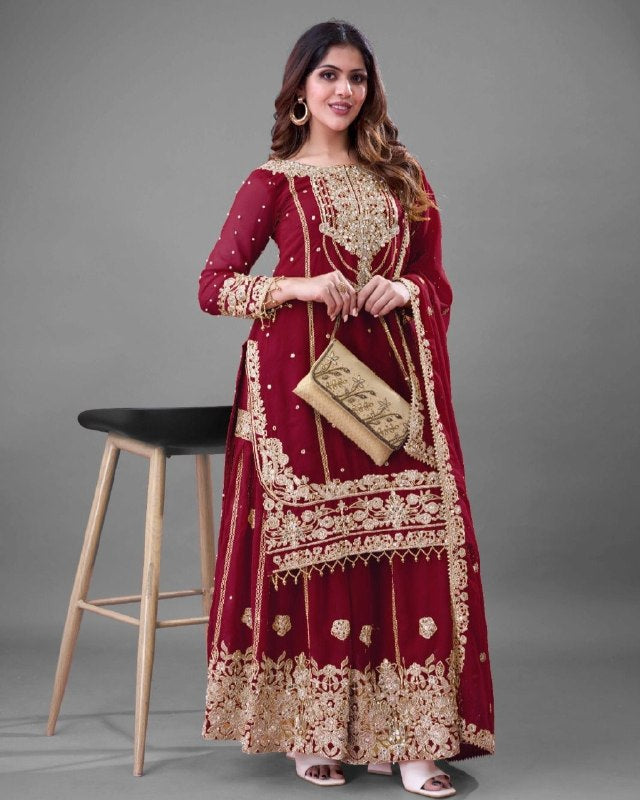 Ready To Wear Maroon Soft Georgette Sharara Suit With Dupatta