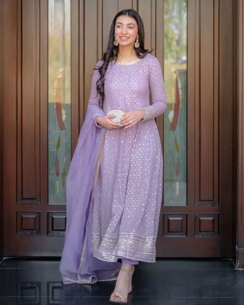 Designer Lilac Pure Georgette Embroidery Work Anarkali Suit With Dupatta