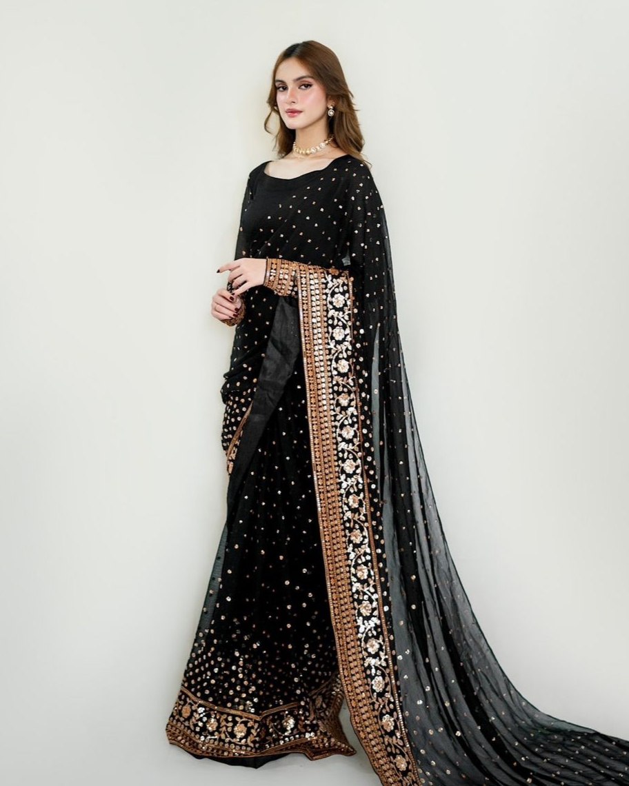 Exclusive Black Soft Georgette Embroidery Saree With Blouse