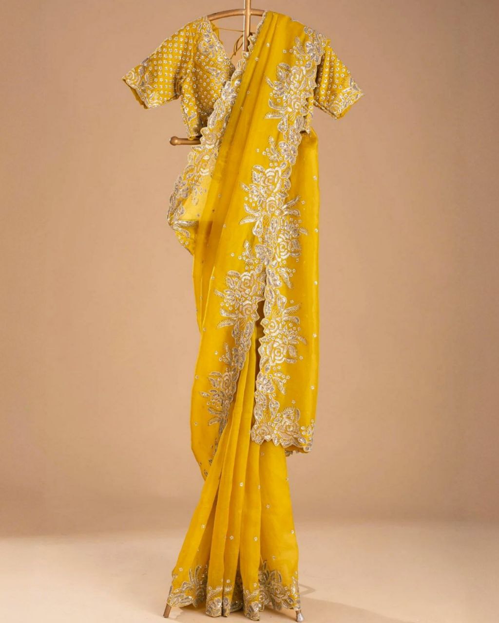 Designer Yellow Organza Silk Embroidery Work Saree With Blouse