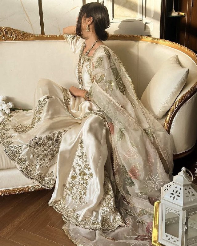 Ready To Wear White Chinon Silk Embroidery Top Bottom With Dupatta