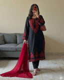 Ready To Wear Red Cream Black Roman Silk Kurti Pant With Dupatta