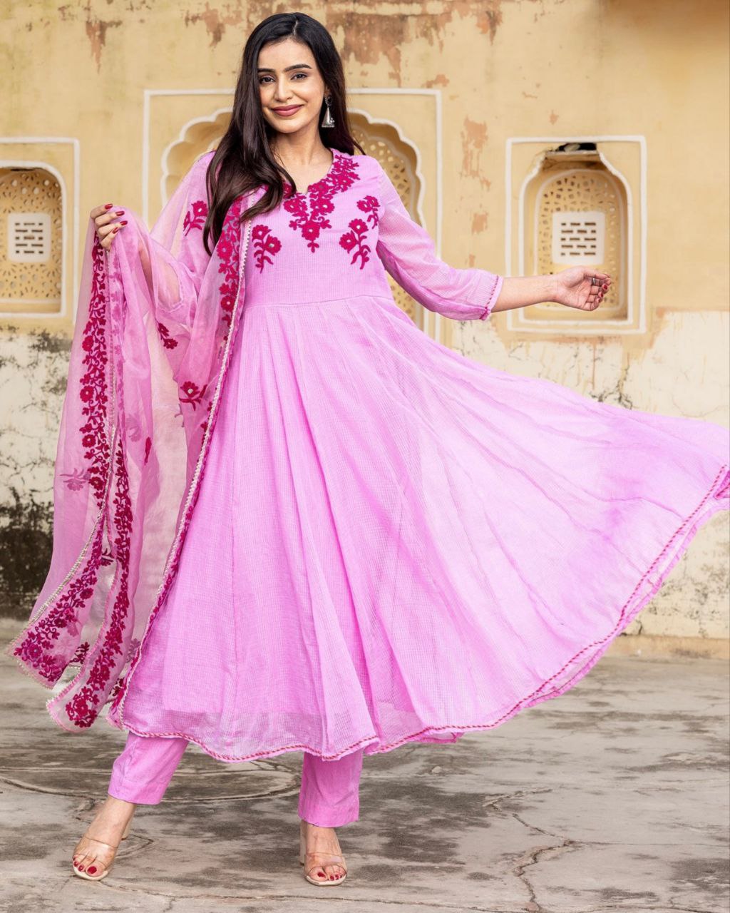 Ready To Wear Pink Faux Georgette Embroidery Work Anarkali Suit With Dupatta