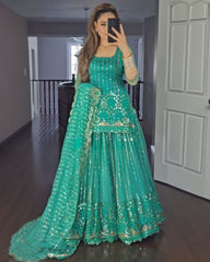 Ready To Wear Green Pure Georgette Embroidery Work Sharara Suit With Dupatta