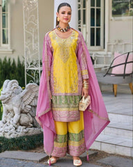 Ready To Wear Pure Georgette Embroidery Work Yellow Pakistani Suit With Pink Dupatta