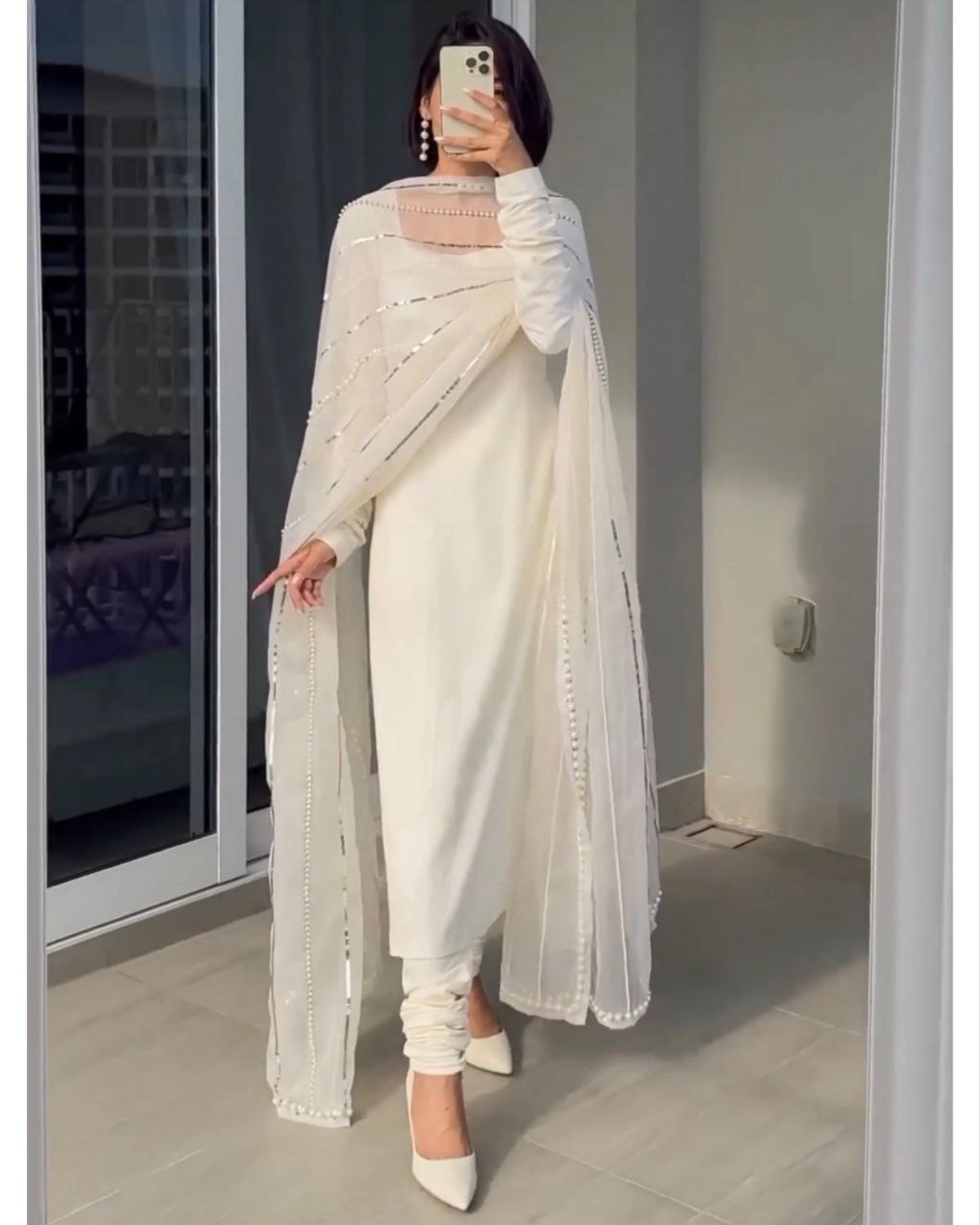 Ready To Wear White Faux Georgette Rivet Moti Work Pant Suit With Dupatta