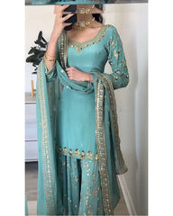 Ready To Wear Sea Green Pure Georgette Embroidery Work Sharara Suit With Dupatta