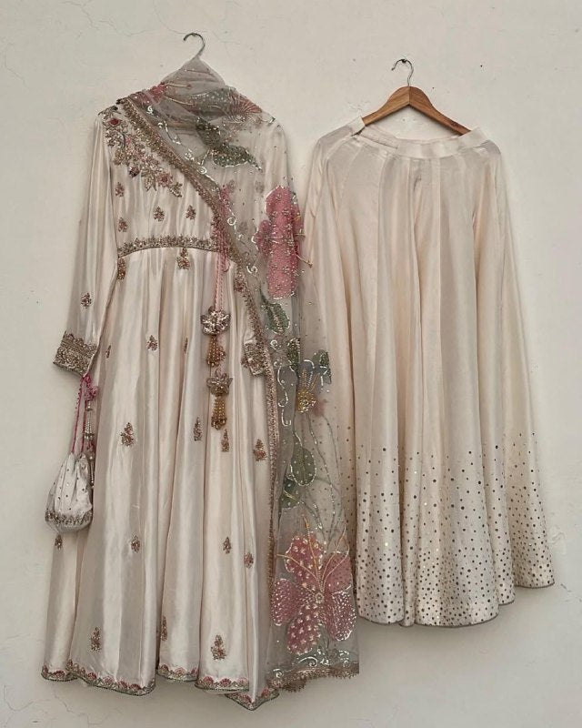 Exclusive White Chinon Silk Embroidery Anarkali Palazo With Dupatta