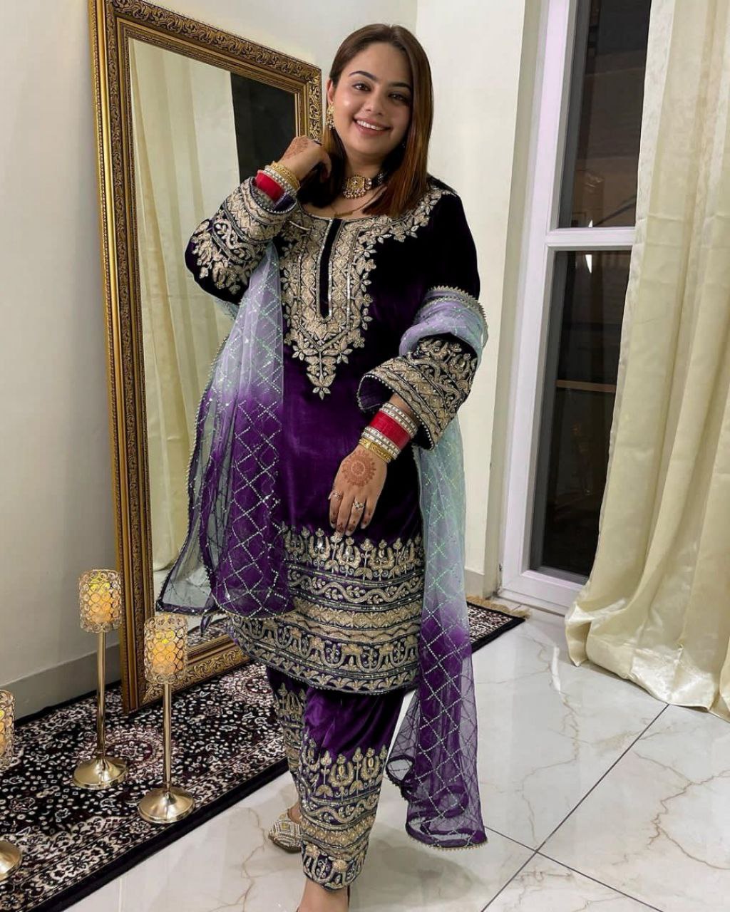 Ready To Wear Purple Micro Velvet Embroidery Work Pakistani Pant Suit With Dupatta