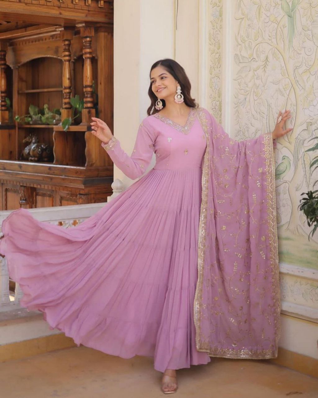 Ready To Wear Lavender Pure Georgette Embroidery Work Anarkali Gown With Dupatta