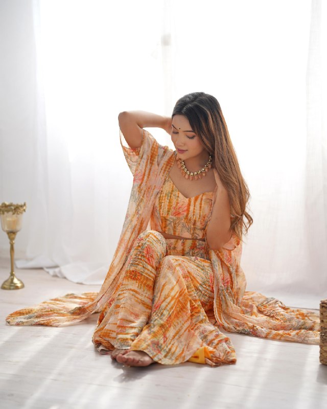 Premium Yellow Soft Georgette Embroidery Plazzo Shrug With Blouse