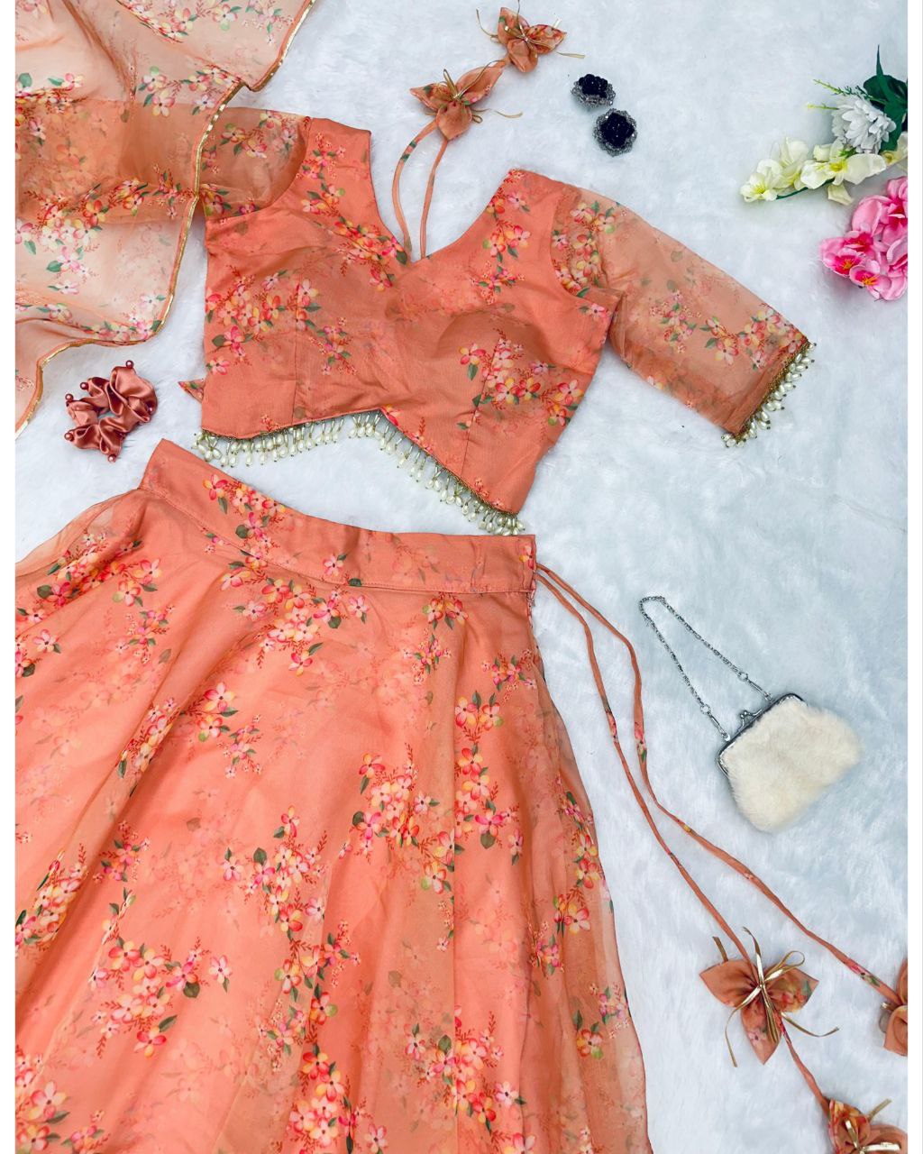 Desinger Peach Orange Organza Silk Floral Printed Lehenga Choli With Dupatta