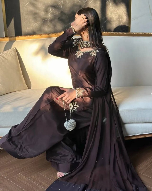 Exclusive Brown Natural Crep Silk Embroidery Farshi Salwar Suit With Dupatta