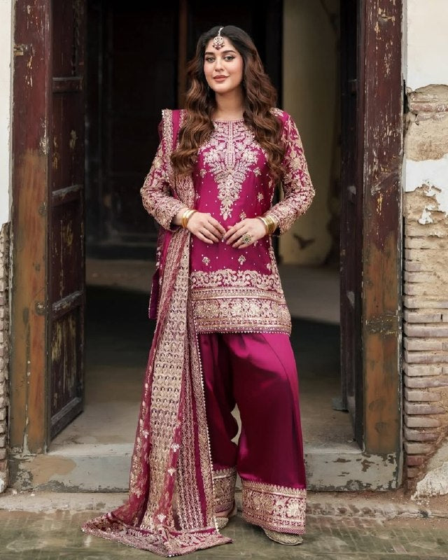 Ready To Wear Pink Natural Simmer Embroidery Farshi Salwar Kurti With Dupatta