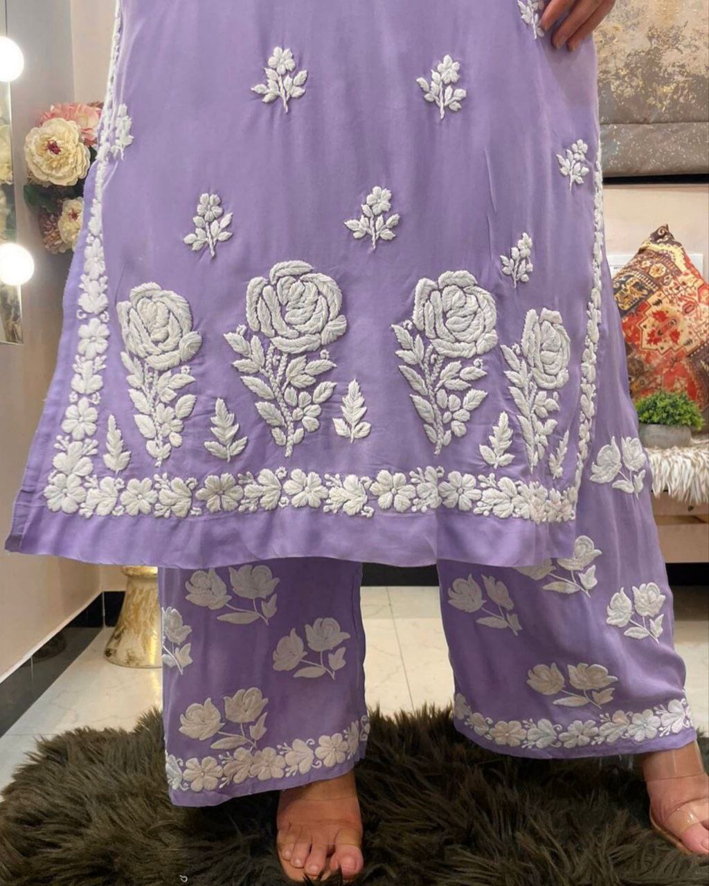 Designer Lilac Faux Georgette Embroidery Work Chikan Kari Suit