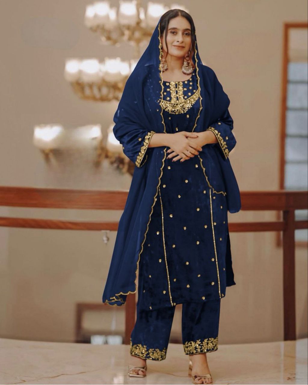 Desinger Micro Velvet Embroidery Work Pakistani Pant Suit With Dupatta