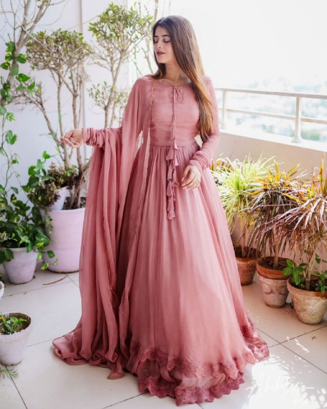 Ready To Wear Peach Pure Georgette Lace Work Anarkali Gown With Dupatta