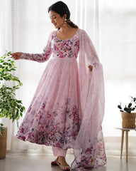 Ready To Wear Baby Pink Organga Silk Floral Print Work Anarkali Suit With Dupatta