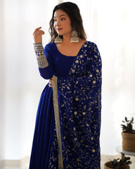 Ready To Wear Royal Blue Faux Georgette Sequence Work Anarkali Gown With Dupatta