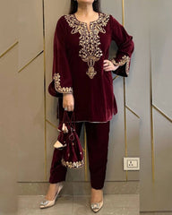 Ready To Wear Maroon Micro Velvet Embroidery Work Pant Suit