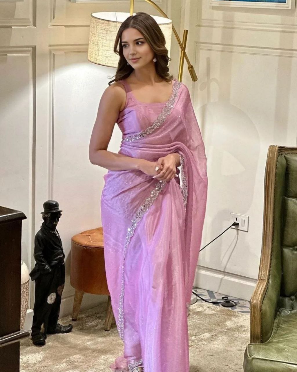 Designer Baby Pink Burberry Silk Mirror Work Saree With Blouse