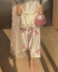 Exclusive White Japan Satin Silk Embroidery Farshi Salwar Suit With Dupatta