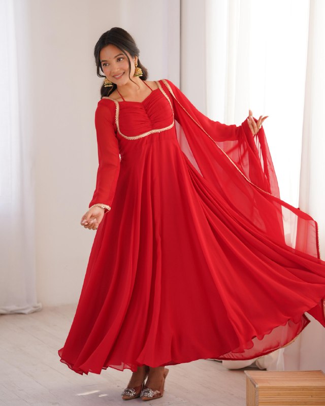 Premium Red Soft Georgette Embroidery Gown Set With Dupatta