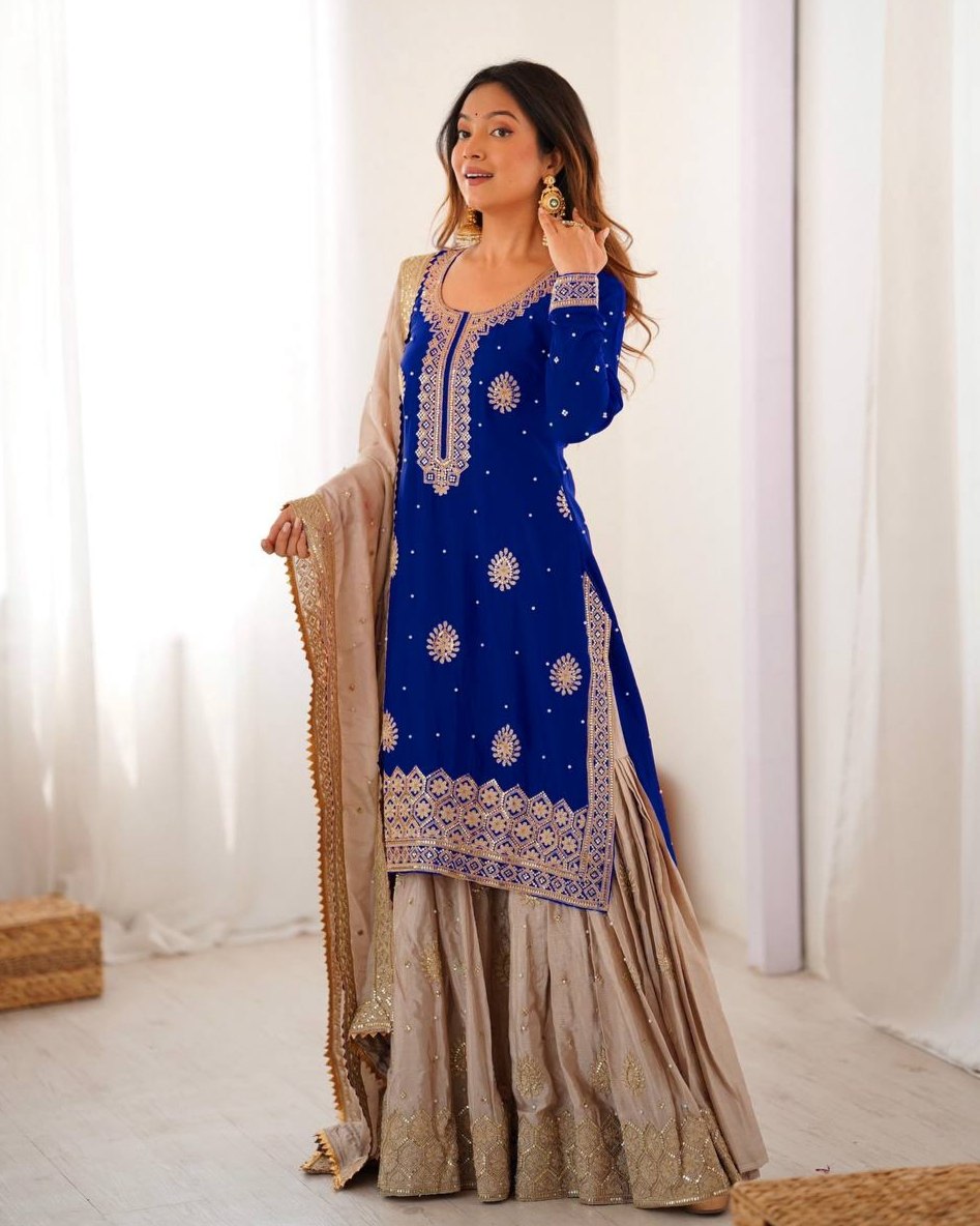 Premium Pink Blue Premium Chinon Silk Embroidery Gharara Suit With Dupatta