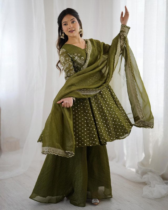 Exclusive Yellow Mehendi Maroon Crunchy Silk Embroidery Frock Palazo With Dupatta