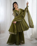 Exclusive Yellow Mehendi Maroon Crunchy Silk Embroidery Frock Palazo With Dupatta