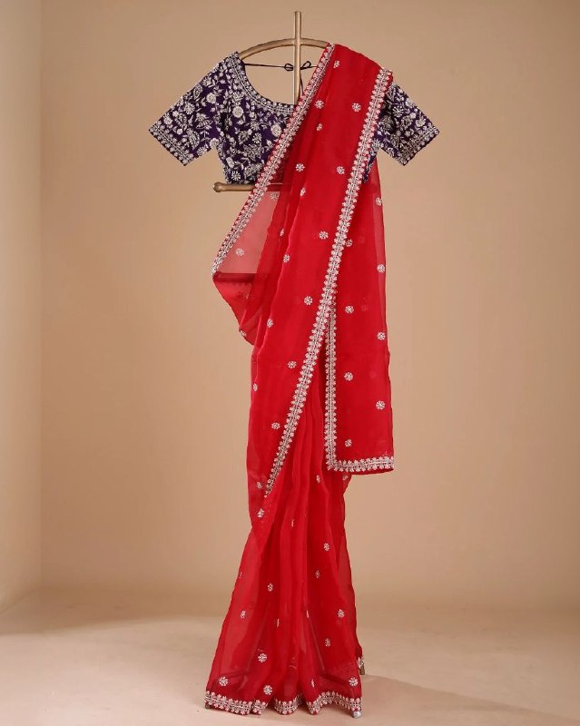 Designer Organza Silk Embroidery Work Red Saree With Purple Blouse